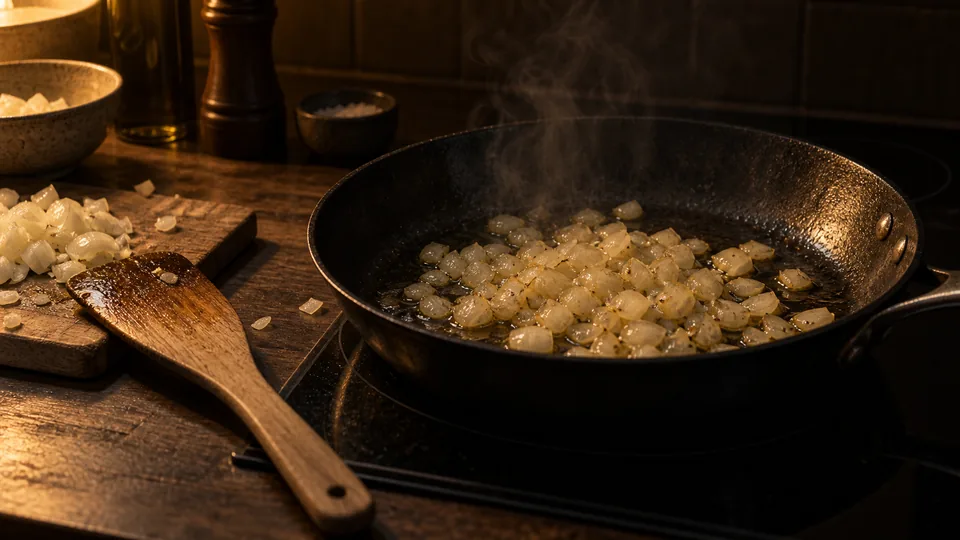 A steel pan on the hob with onion softening, a wooden spatula beside it.