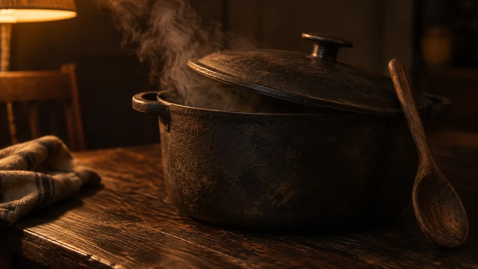A cast-iron pot with its lid ajar and a slow curl of steam.