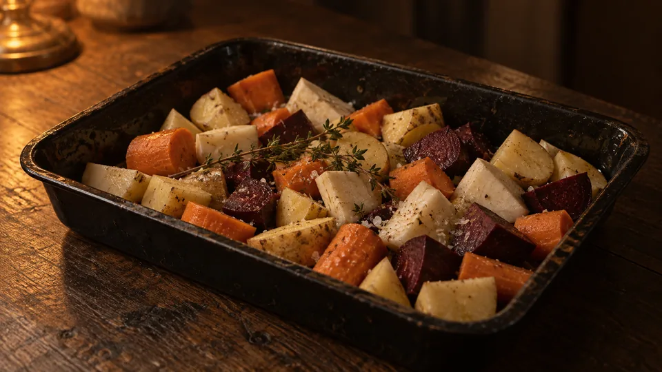 A tray of chopped root vegetables and thyme, ready for the oven.