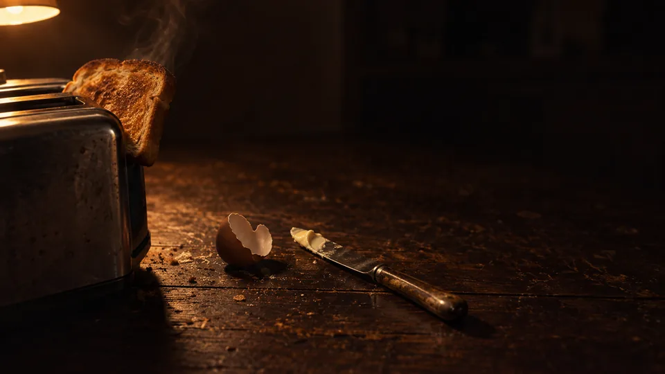 A slice of toast just out of the toaster, a butter knife, a cracked eggshell.